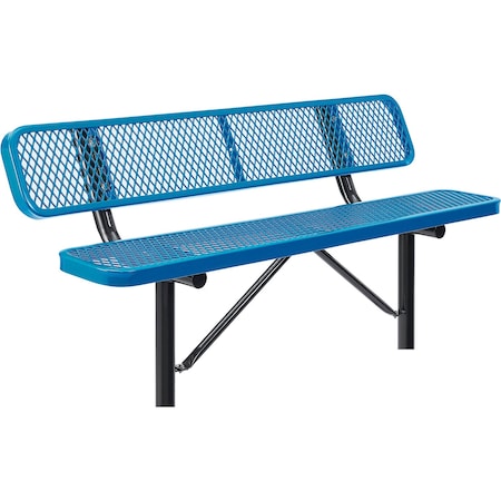 Global Industrial 6ft Outdoor Steel Bench w/ Backrest, Expanded Metal, In Ground Mount, Blue 277154IBL